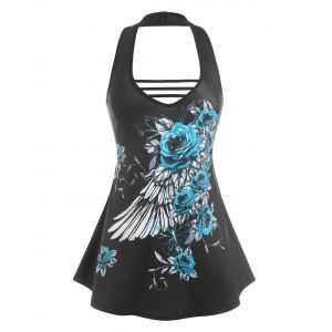 

Plus Size Open Back Floral Print Tank Top, Black