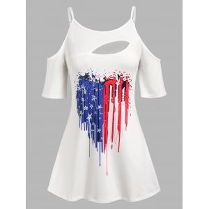 

Plus Size Cold Shoulder Cutout American Flag Print Tee, White