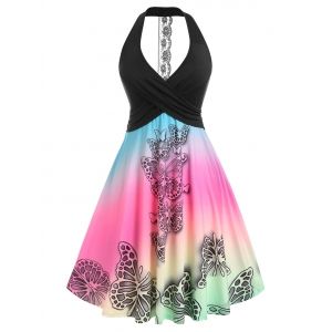 

Plus Size Crisscross Butterfly Print Midi Dress, Black