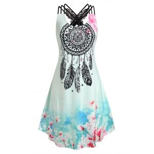 

Plus Size Butterfly Lace Floral Dreamcatcher Print Dress, Light green