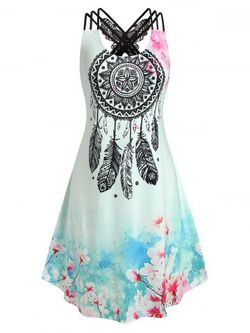 Plus Size Butterfly Lace Floral Dreamcatcher Print Dress - LIGHT GREEN - L