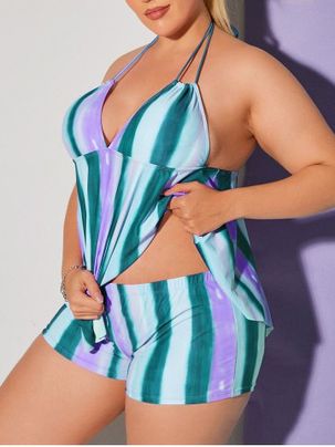 Plus Size Striped Low Cut Open Back Tankini Swimwear