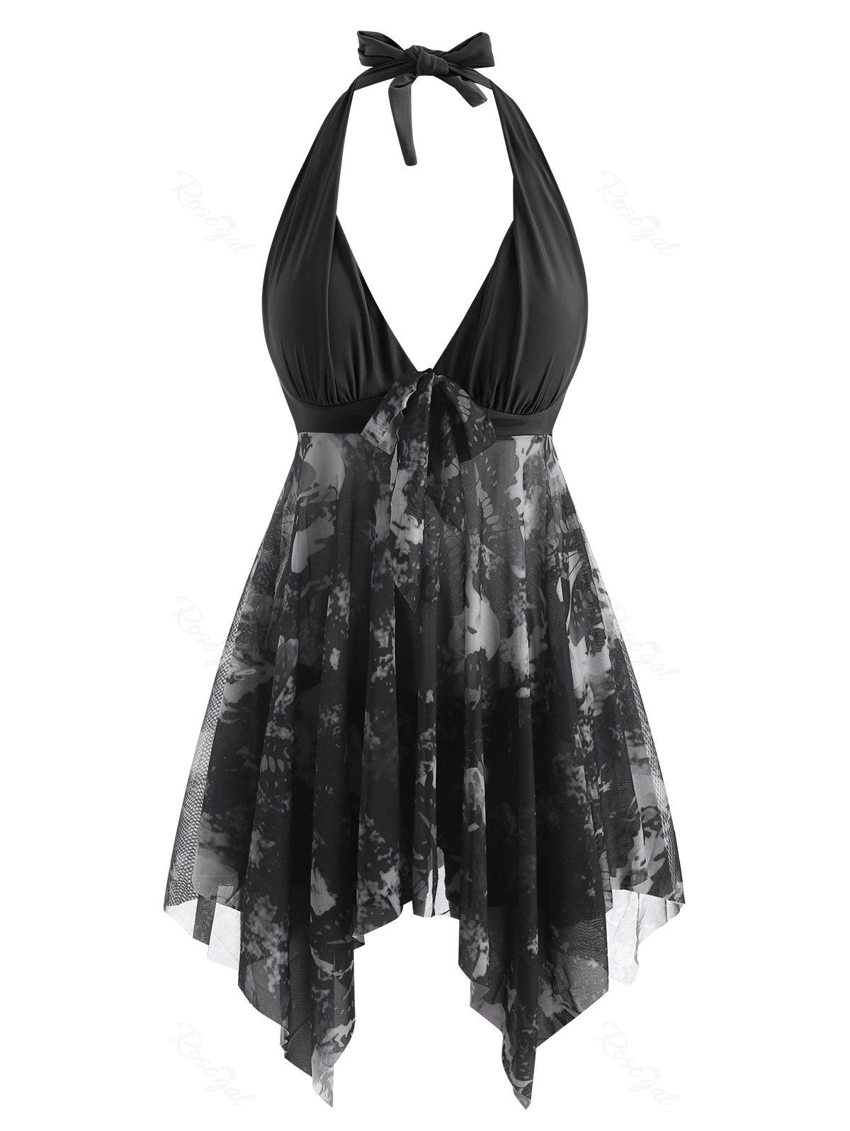 Outfits Halter Butterfly Print Mesh Insert Handkerchief Tankini Swimwear  
