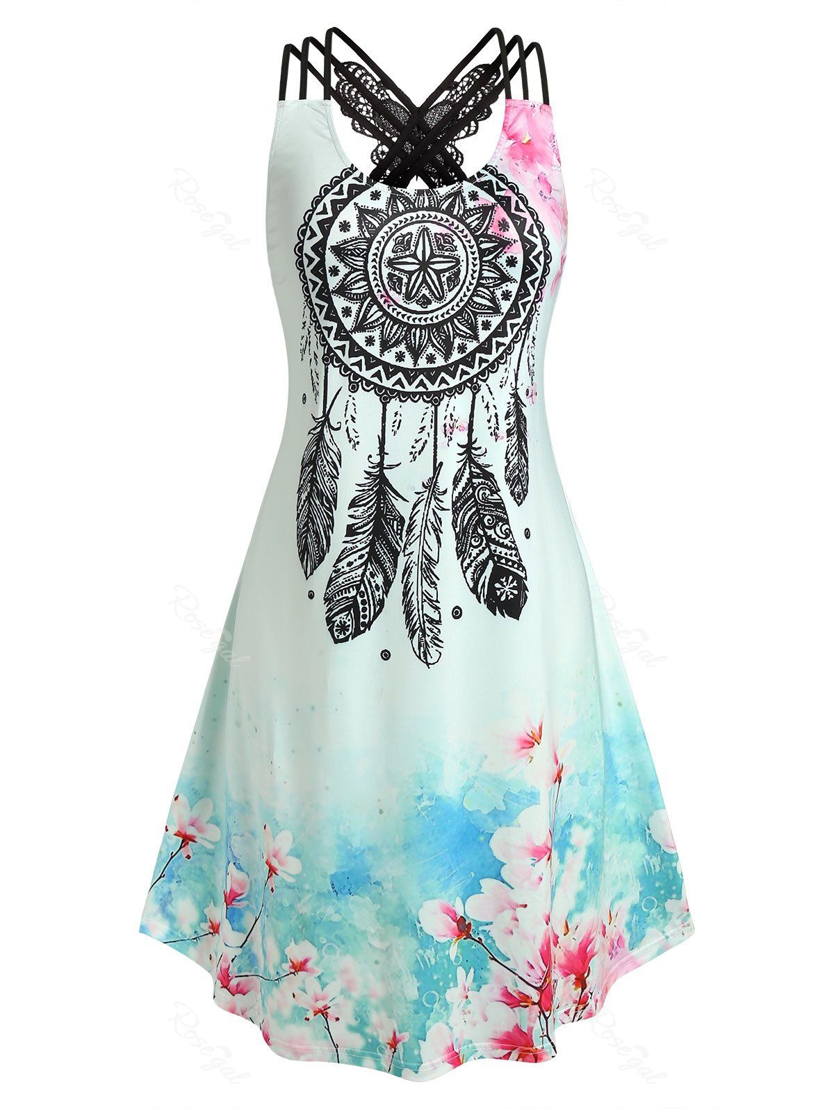 Cheap Plus Size Butterfly Lace Floral Dreamcatcher Print Dress  