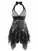 Halter Butterfly Print Mesh Insert Handkerchief Tankini Swimwear -  