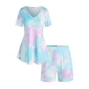 

Plus Size Lounge Tie Dye V Neck Shorts Set, Light blue