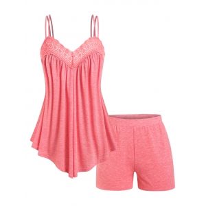 

Plus Size Lace Panel Flowy Cami Top and Shorts Pajamas Set, Light pink