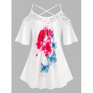 

Plus Size Floral Butterfly Print Cold Shoulder Tee, White