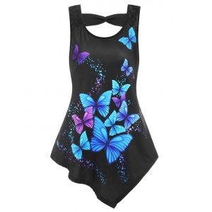

Butterfly Print Cutout Irregular Tank Top, Black