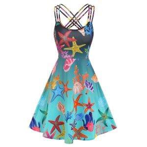 

Marine Life Print Strappy Crisscross Mini Dress, Light blue