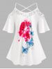 T-Shirt à Épaules Dénudées à Imprimé Papillons et Fleurs Grande-Taille - Blanc 4X