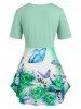 Plus Size Rose Butterfly Print Twist Notched T Shirt -  
