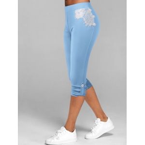 

Lace Insert Button Tab Crop Leggings, Light blue