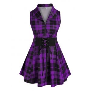 

Plus Size Plaid Lace-up Zip Sleeveless Tunic Blouse, Purple