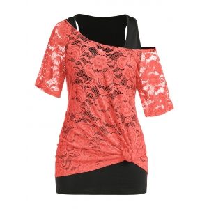 

Plus Size Lace See Thru T-shirt and Tunic Tank Top Set, Orange