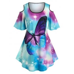 

Plus Size Cold Shoulder Butterfly Print Tee, Multi