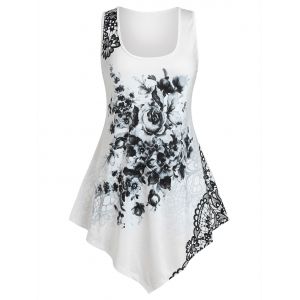 

Plus Size Flower Print Uneven Hem Tunic Tank Top, White