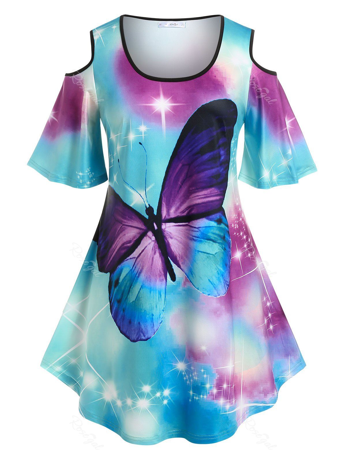 New Plus Size Cold Shoulder Butterfly Print Tee  