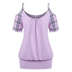 

Plus Size Plaid Cold Shoulder Blouson Tunic T-shirt, Light purple