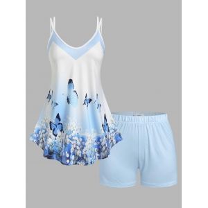 

Plus Size Floral Butterfly Print Shorts Pajamas Set, Light blue