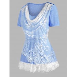 

Lace Insert Cowl Front Ruffle Hem T Shirt, Light blue