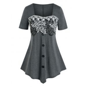 

Plus Size Square Neck Floral Embroidery T Shirt, Gray