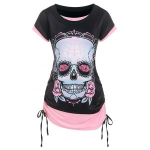 

Skull Flowers Print Contrast Faux Twinset T-shirt, Light pink