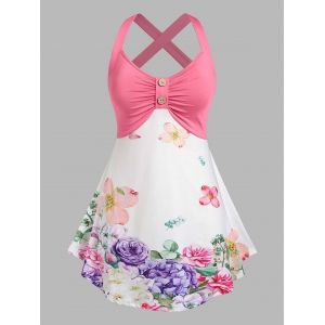 

Plus Size Floral Button Ruched Tank Top, White