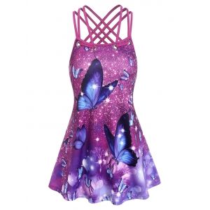

Strappy Butterfly Heart Print Tank Top, Light purple