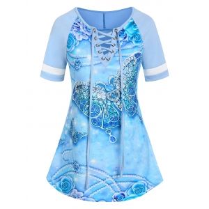 

Raglan Sleeve Flower Butterfly Jewelry Print Lace-up T-shirt, Light blue