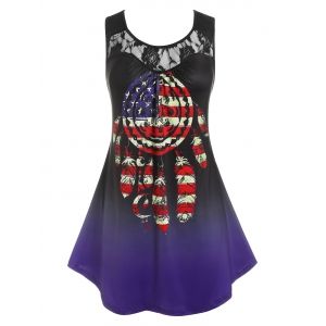 

Plus Size Lace Panel American Flag Print Tank Top, Deep blue