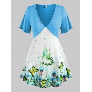 

Plus Size Floral Butterfly Print Plunging Tunic Tee, Light blue