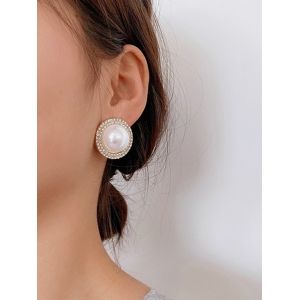 

Round Faux Pearl Diamante Stud Earrings, Golden