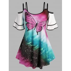 

Plus Size Butterfly Print Cold Shoulder Tee, Light pink