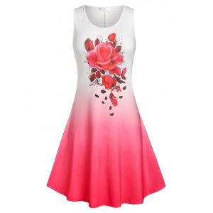

Plus Size Ombre Color Rose Print Sundress, Red