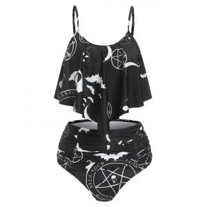 

Crescent Star Bat Print Padded Ruched Tankini Set, Black