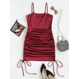 

Plus Size Sheeny Cinched Ruched Slinky Bodycon Dress, Deep red