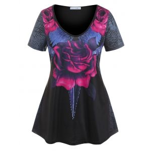 

Plus Size Flower Printed V Neck T Shirt, Black