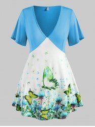 Plus Size Floral Butterfly Print Plunging Tunic Tee -  