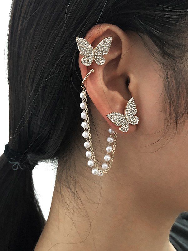 Butterfly Diamante Asymmetric Faux Pearl Chain Ear Cuffs [30 Off