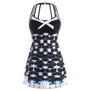 

Tie Dye Stripes Panel Strappy Back Tankini Swimwear, Black
