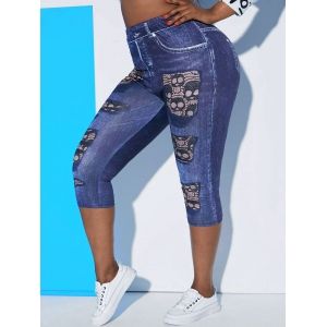 

Plus Size Skulls 3D Jean Print Capri Jeggings, Blue