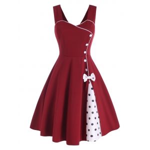

Bowknot Polka Dot Mock Button Slit Dress, Red