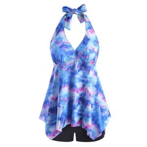 

Tie Dye Handkerchief Hem Halter Tankini Swimwear, Multi