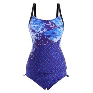 

Floral Dotted Checked Cinched Side Tankini Swimwear, Deep blue