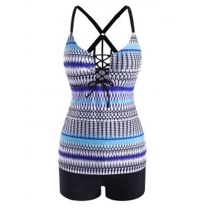 

Printed Lace Up Front Strappy Back Tankini Swimwear, Multi