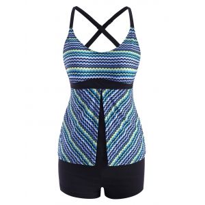 

Wavy Mermaid Scales Print Criss Cross Back Tankini Swimwear, Blue