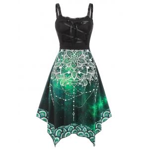 

Plus Size Lace Up Floral Galaxy Irregular Dress, Green