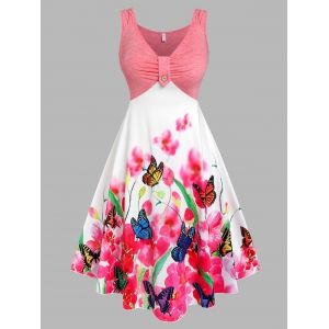

Plus Size Butterfly Floral Print Ruched Midi Dress, Light pink