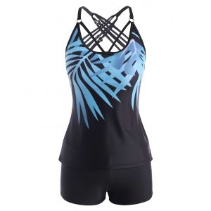 

Leaves Print Strappy Back Tankini Swimwear, Light blue